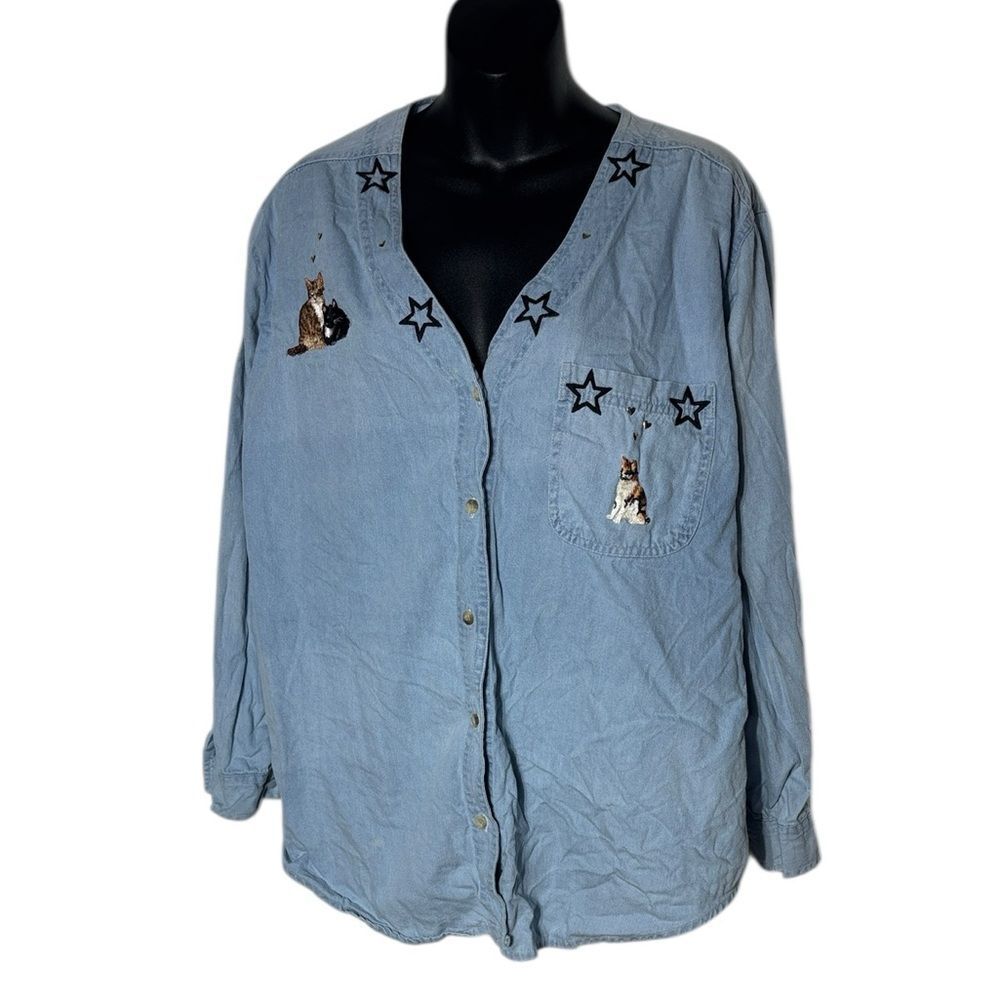 Vintage denim chambray shirt with cat patch embellishments stars hearts large